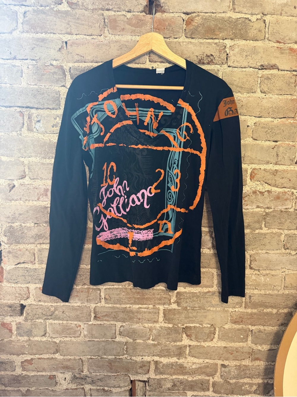 John Galliano Black Top with Orange and Teal Graphic